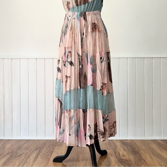 Pastel Chiffon Lace Patchwork Pleated Wrap Dress Size L - Picture 11 of 15